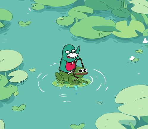 A WASSIE riding another WASSIE across a pond full of lily pads.
